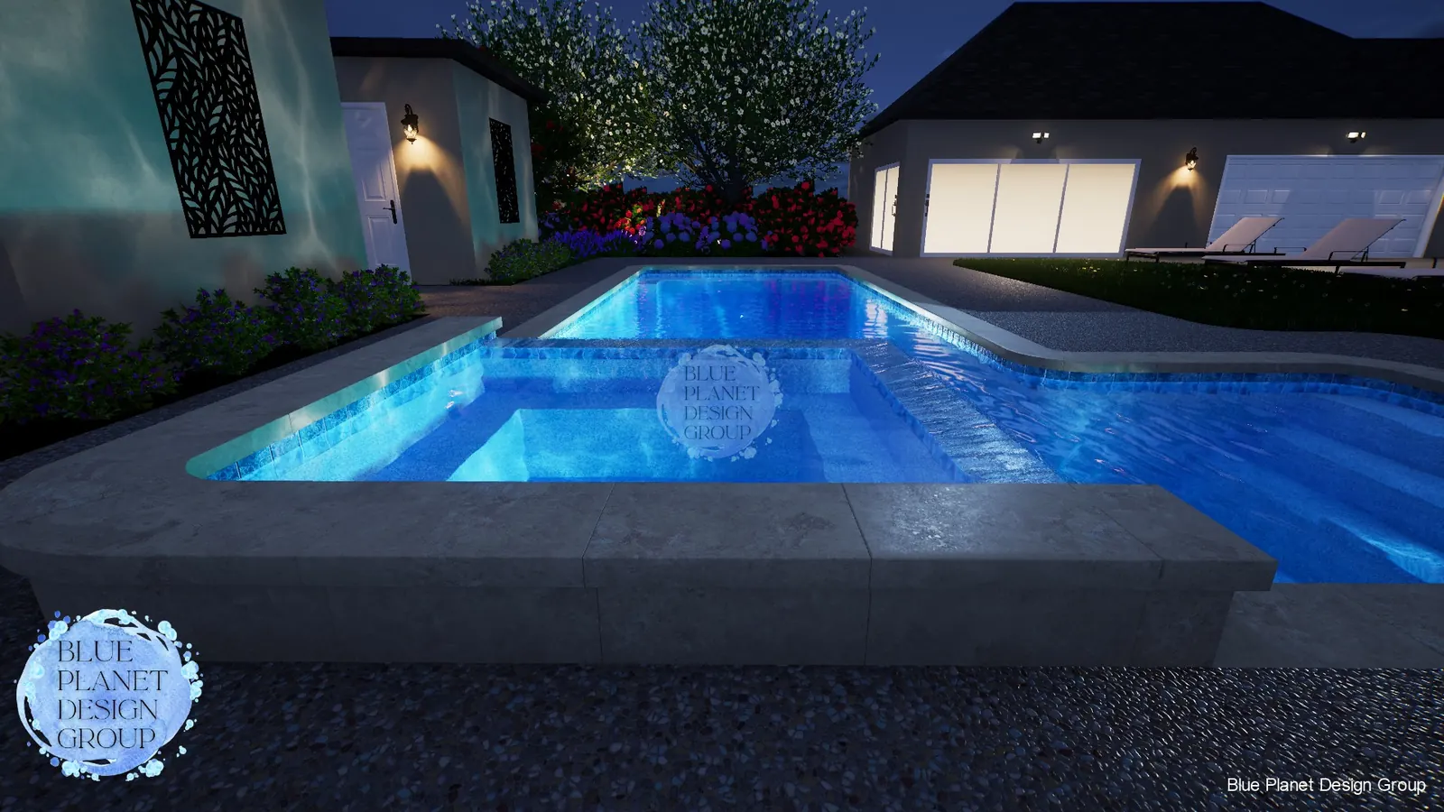 Geometric pool and spa at dusk