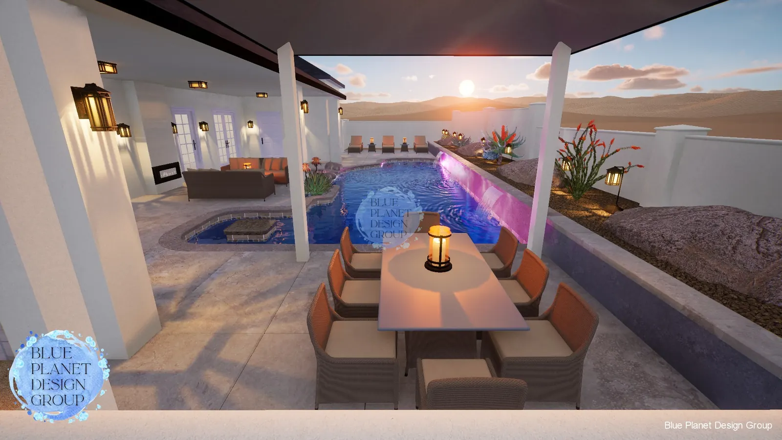 Lap pool with covered dining