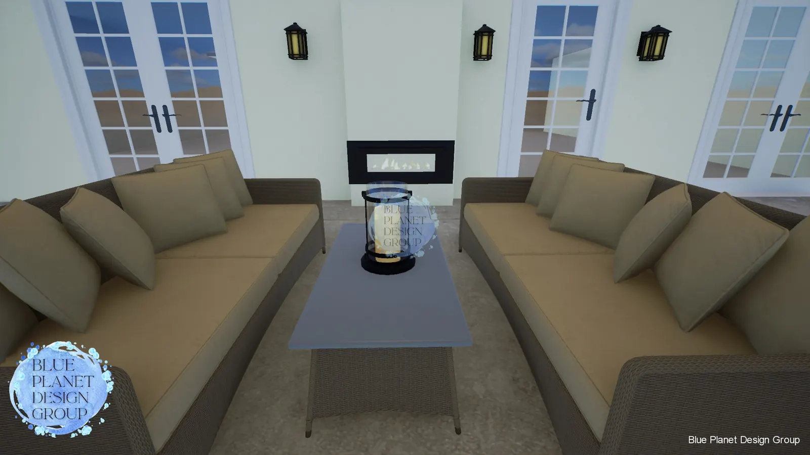 Covered fireplace seating area