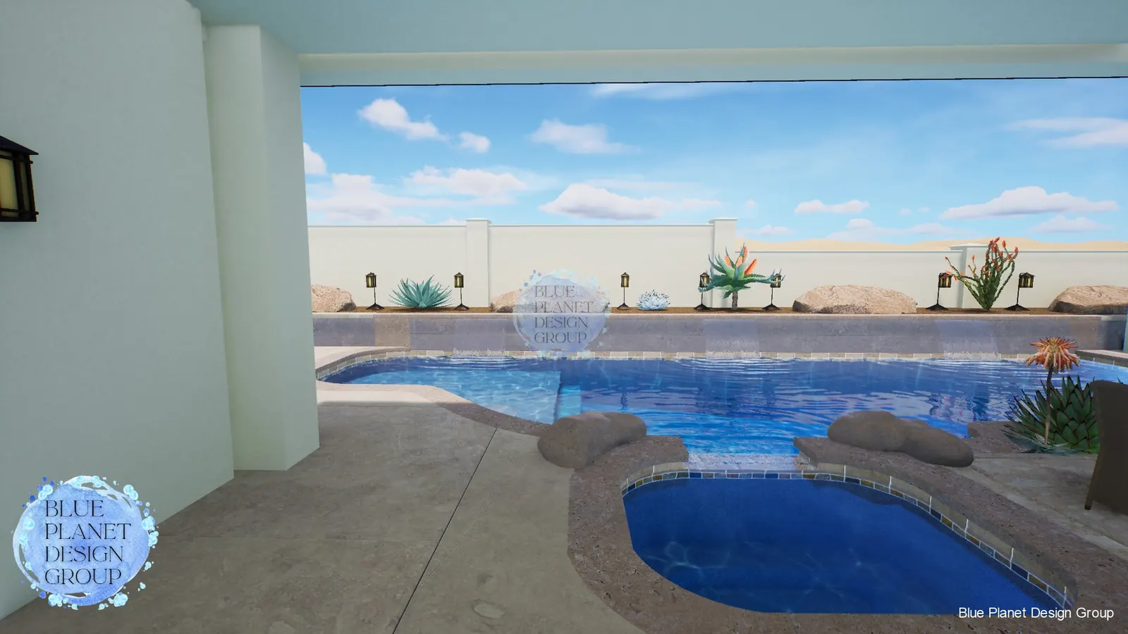 Raised spa and pool from patio