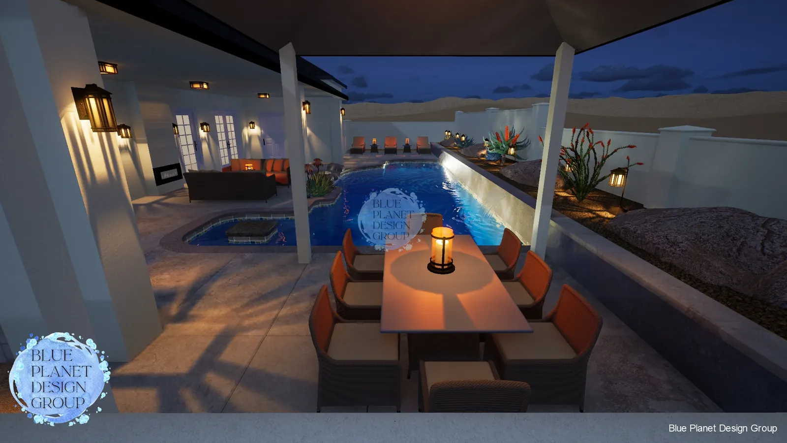 Night pool rendering with covered patio and raised wall