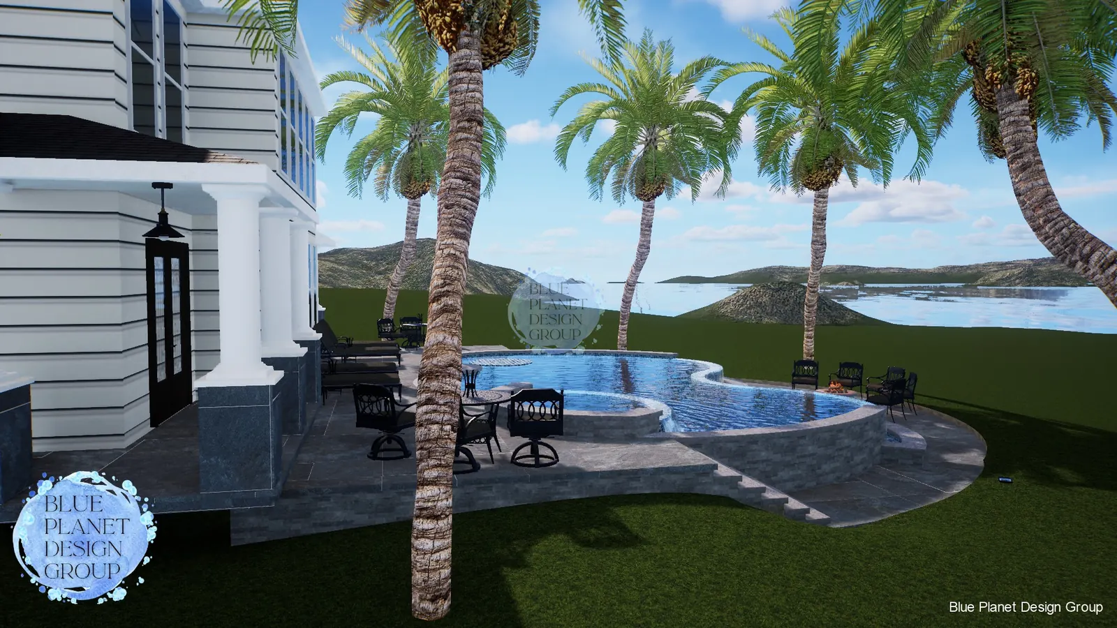 Pool with rock waterfall and spa