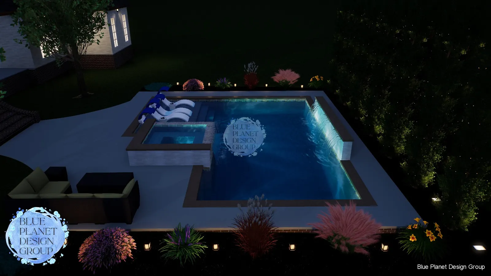 Side-yard pool beneath an elevated deck