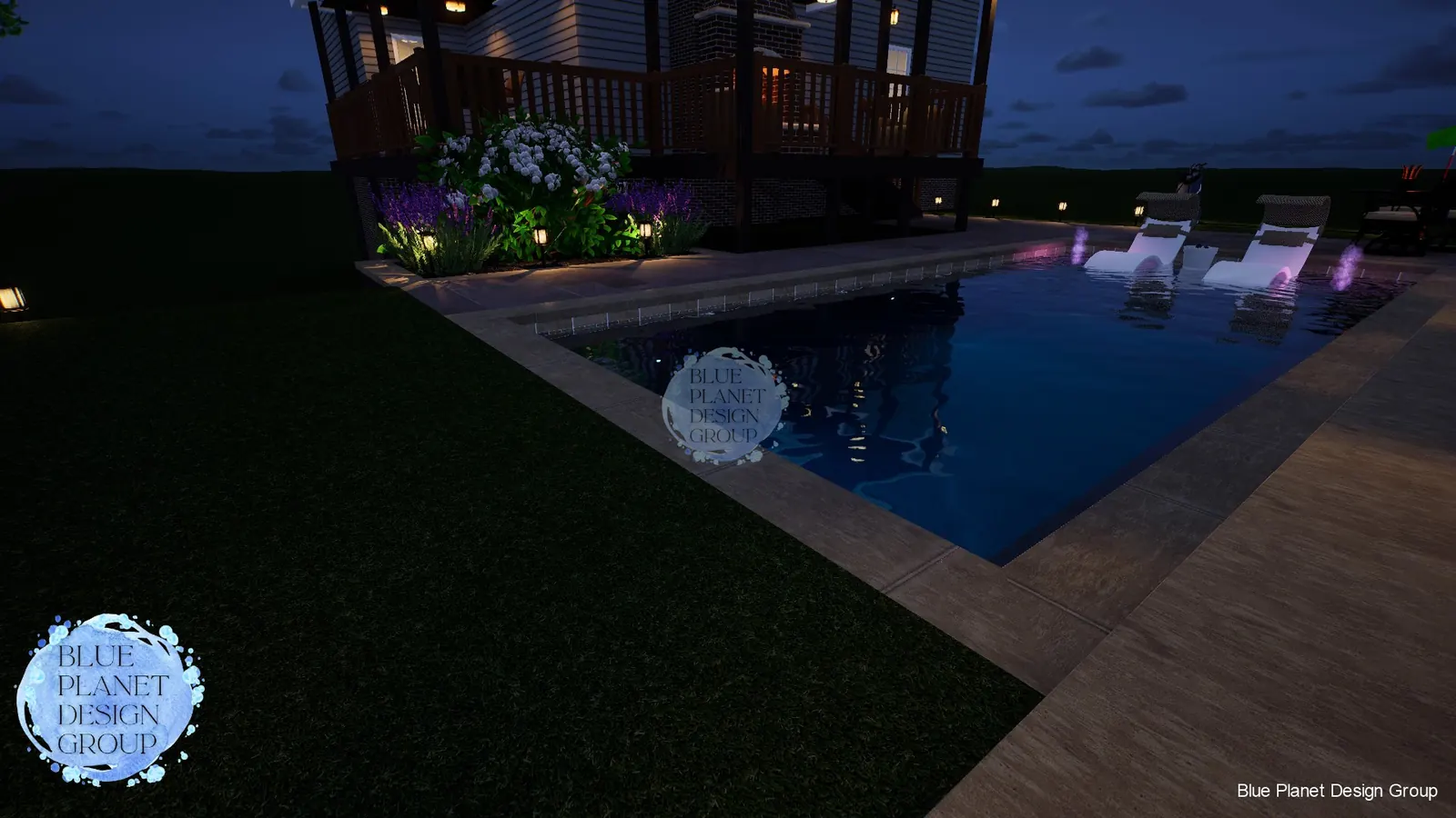 Deck-adjacent pool at dusk