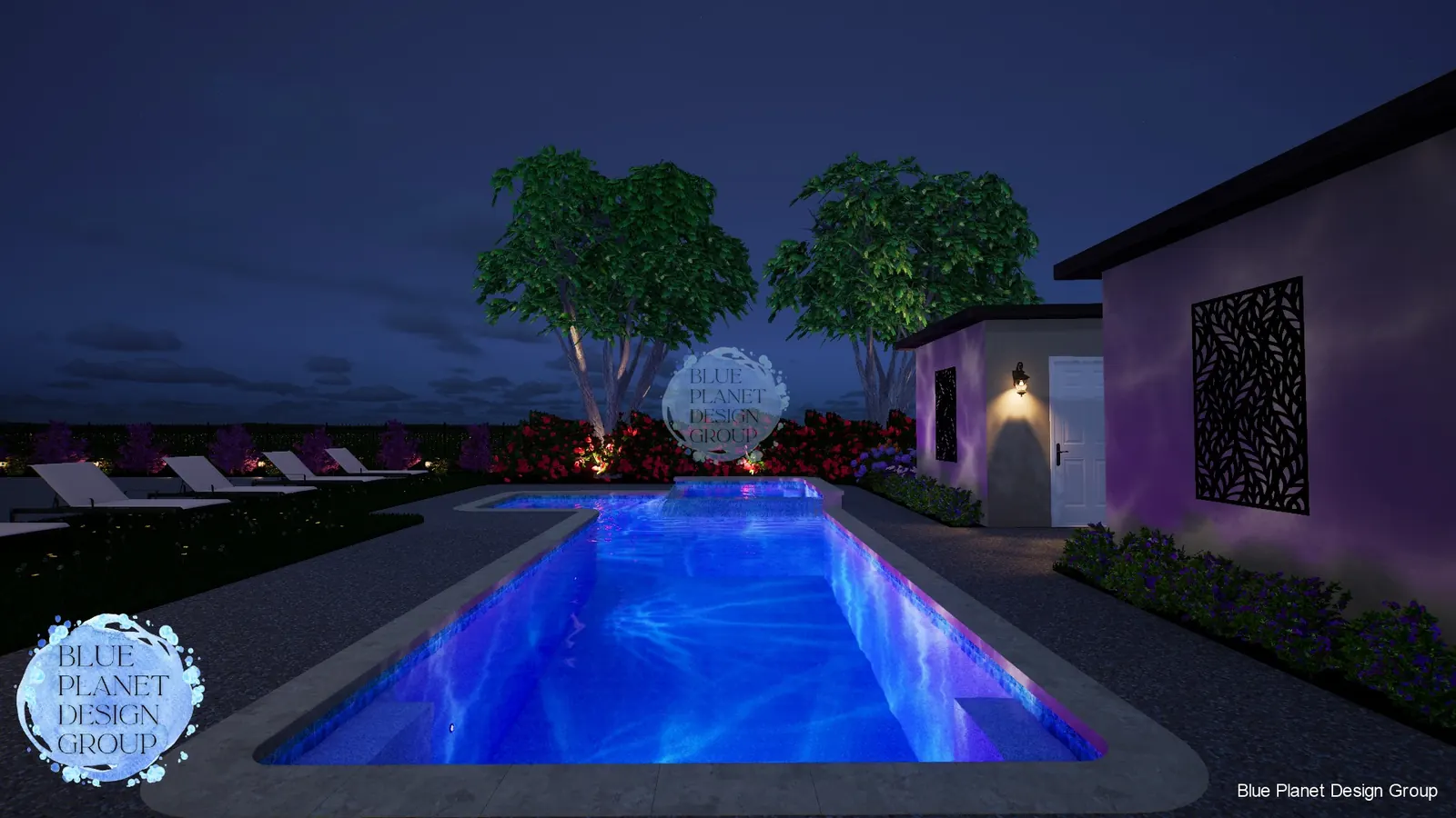 Linear lap pool with spa at night
