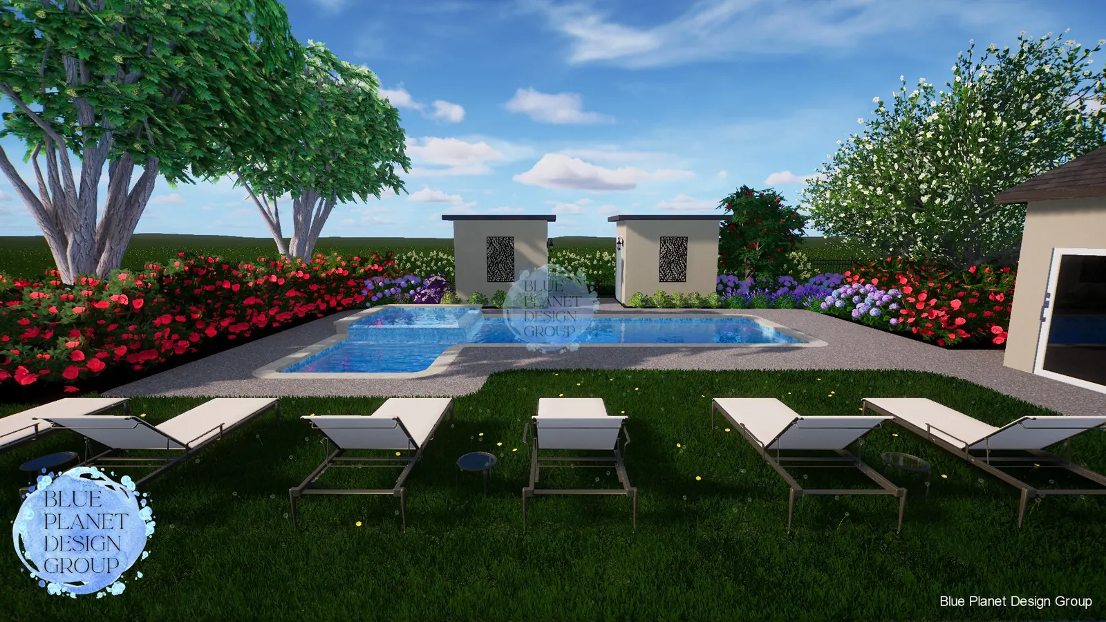 Courtyard pool with two garden pavilions