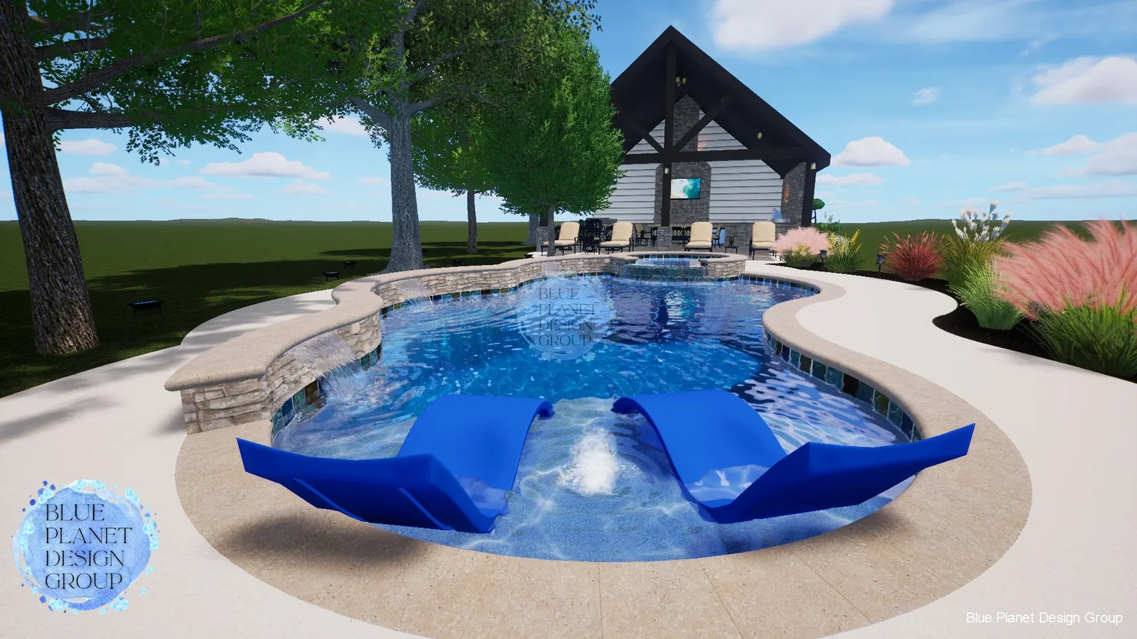 Freeform pool rendering with tanning ledge loungers