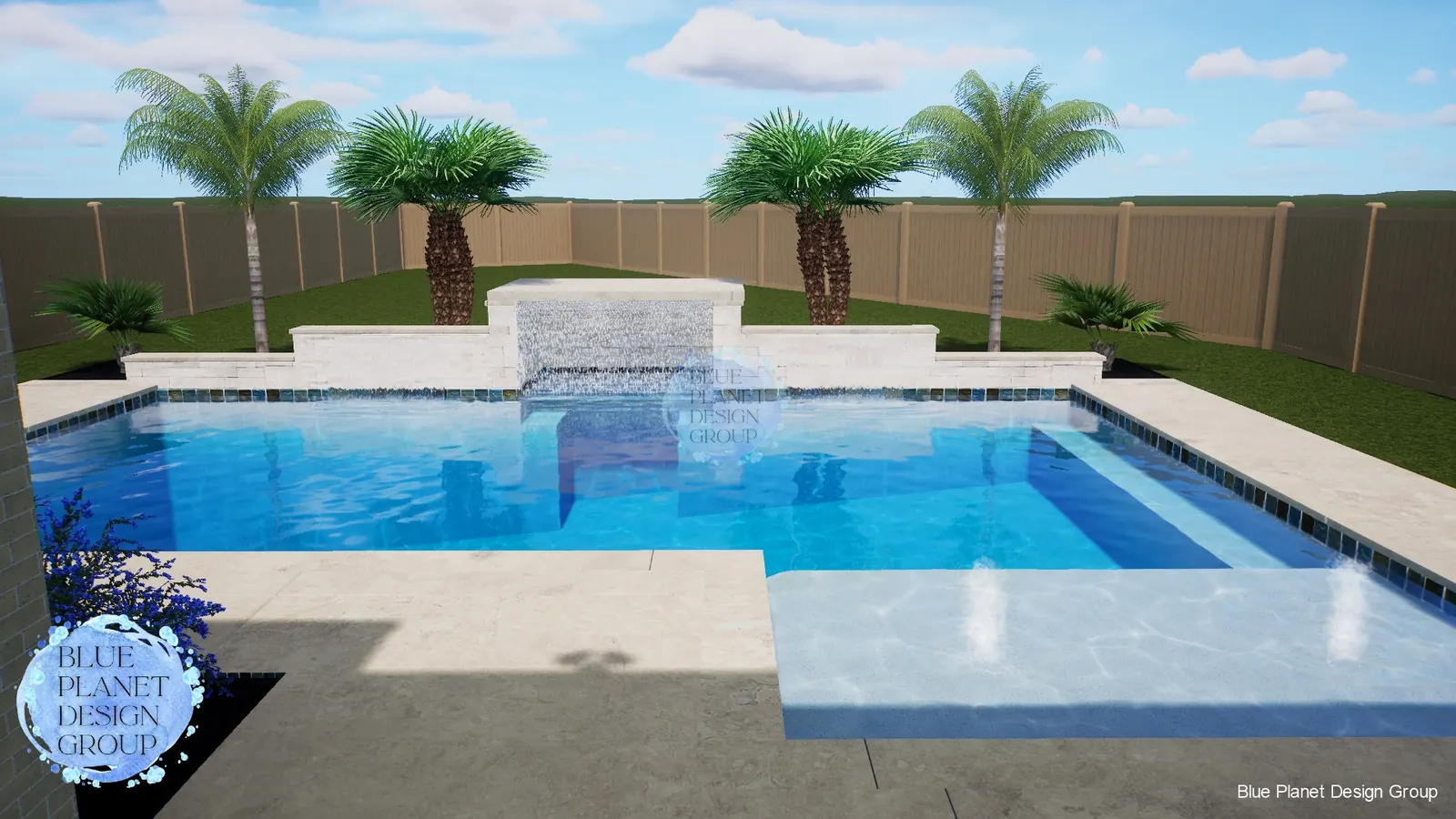 Rectangular pool design with raised wall and waterfalls